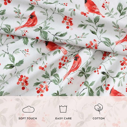 Laura Ashley - Flannel Sheets Queen Size, Anti-Pilling & Wrinkle Resistant Cotton, Touchably Soft for All-Season Comfort - Bed Sheets with Matching Pillowcases & Fitted Sheet (Jolly Cardinals Green)