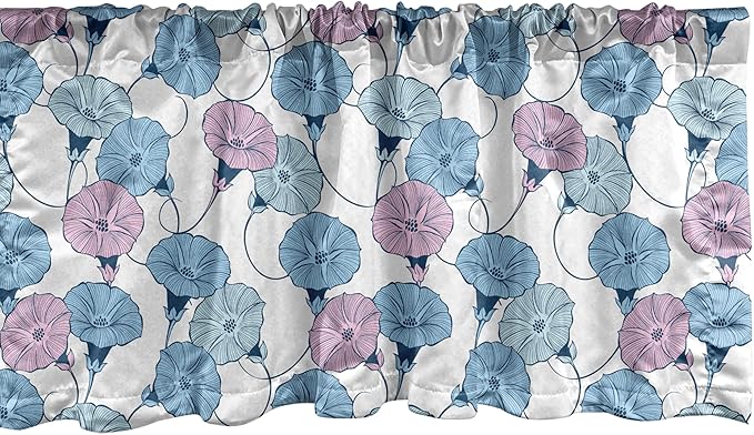 Ambesonne Flower Window Valance, Delicate Pastel Spring Trill Bindweeds, Curtain Valance for Kitchen Bedroom Decor with Rod Pocket, 54" X 18", Blue Grey Mauve