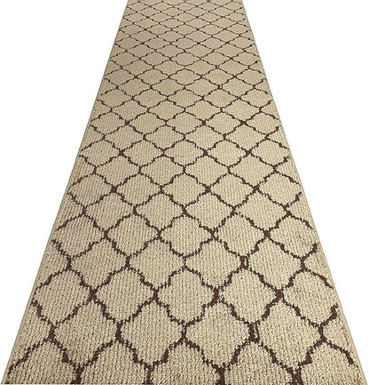 Custom Size Modern Runner Rug Carpet for Hallway Entryway Foyer Kitchen, Slip Resistant Latex Rubber Backed 31 inch Wide X Customized Length, Trellis Beige, 31 inch X 24 feet