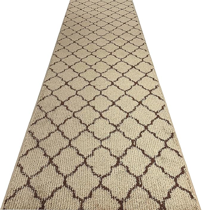 Custom Size Modern Runner Rug Carpet for Hallway Entryway Foyer Kitchen, Slip Resistant Latex Rubber Backed 31 inch Wide X Customized Length, Trellis Beige, 31 inch X 20 feet