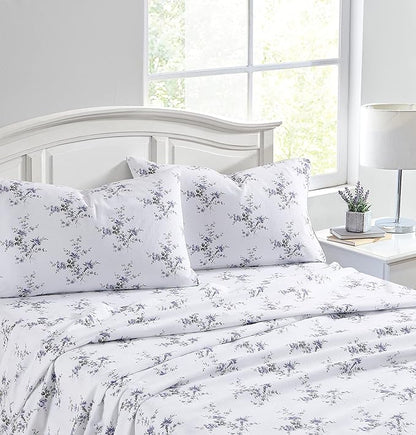Laura Ashley - Flannel Sheets Full Size, Anti-Pilling & Wrinkle Resistant Cotton, Touchably Soft for All-Season Comfort - Bed Sheets with Matching Pillowcases & Fitted Sheet (Jessika Lavender)