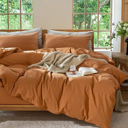 MooMee Bedding Duvet Cover Set 100% Washed Cotton Linen Like Textured Breathable Durable Soft Comfy (Solid Burnt Orange, Full 80"x90")