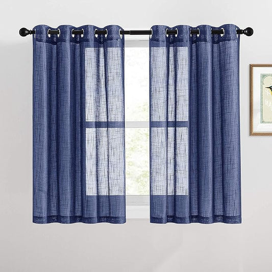 RYB Home Linen Sheer Curtains - Grommet Semi Sheer Privacy Farmhouse Curtain Panels for Bedroom Office Living Room, W 52 inch x L 45 inch, 2 Pcs, Navy Blue