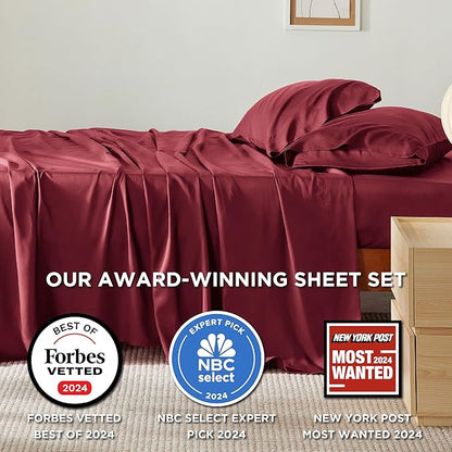 Bedsure California King Sheet Sets, Cooling Sheets, Rayon Derived from Bamboo, Breathable & Soft, Deep Pocket Up to 16 Inches, Hotel Luxury Silky Bedding for Hot Sleepers, Burgundy