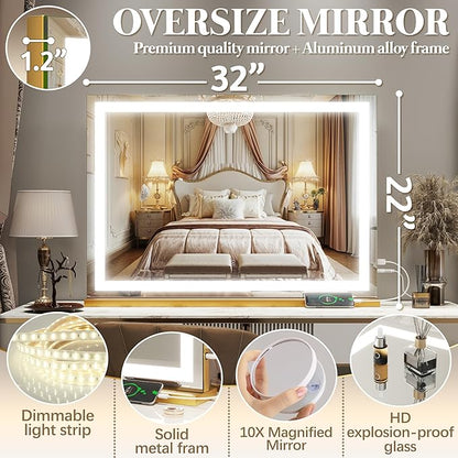 FENNIO Vanity Mirror with Lights 32"x22", Lighted Makeup Mirror, Large Vanity Mirror, Touch Sensor with 3-Color Lighting, 10X Magnification and USB Charging Port for Vanity Desk（Square Gold）