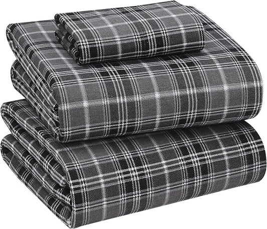 RUVANTI Flannel Sheets Twin XL Size - 100% Cotton Double Brushed Twin XL Sheet Sets, Deep Pockets 16 Inches, All Seasons Breathable & Extra Soft Bed Sheets, Warm & Cozy, 3 Piece, Grey Plaid