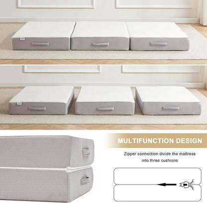 Folding Mattress, 6 Inch Memory Foam Tri-fold Mattress with Breathable & Washable Bamboo Fiber Fabric Cover, Foldable Floor Guest Bed for Camping, Road Trip, Twin
