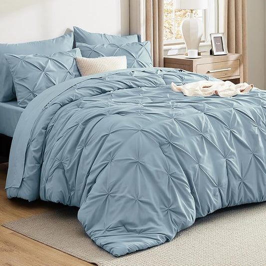 Bedsure Full Comforter Set Light Blue - Bed in a Bag Full Size Bedding Set 7 Pieces, GentleSoft™ Pintuck Bed Set Gift for Family, Pinch Pleat All Season Comforter with Sheets, Pillowcases & Shams