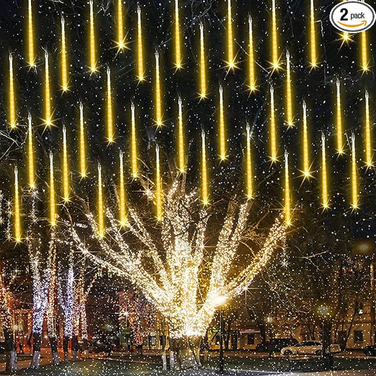 Joomer 2Pack Christmas Lights Outdoor, 11.8 inch 10 Tubes 240 LED Meteor Shower Lights, LED Falling Icicle Cascading Light with Timer Waterproof and Connectable for Christmas Decoration (Warm White)