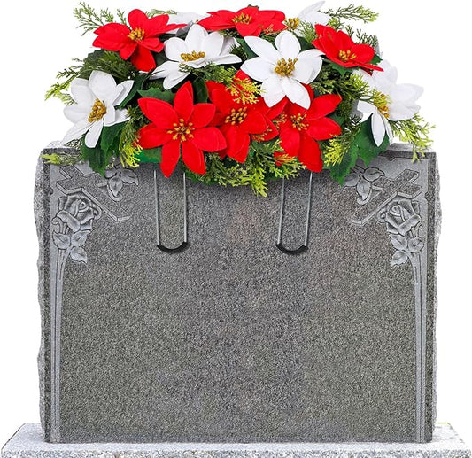Christmas Cemetery Decorations for Grave Headstone Flower Saddle Artificial Flower Saddles Red Poinsettia Outdoor Memorial Headstone Realistic Bouquet(Vivid Color,Vivid Style)