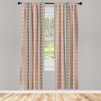 Ambesonne Southwestern Window Curtains Pack of 2, Traditional Vertical Borders Inspired by Prehistoric Art Ikat Style, Lightweight Set with Rod Pocket, 4 Panels of - 28" x 95", Brown Coral