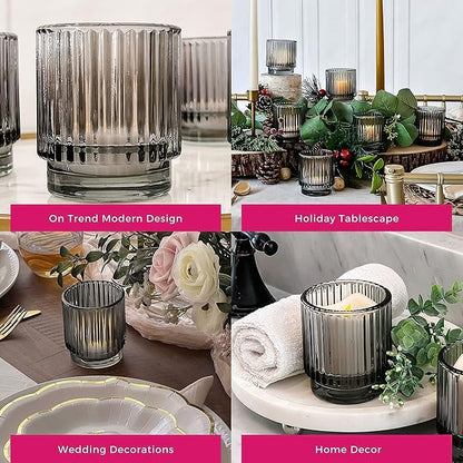Kate Aspen Ribbed Glass Candle Holder Smoke Gray Tealight Holders for Home, Kitchen, Room or Living Room Decor - Vintage Tea Light Votive Accent for Table or Shelf Styling (Pack of 36)