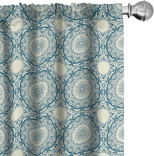 Ambesonne Circle Pattern Window Curtains, Wavy Bold Strokes Style Ornate Mandala Like Symmetrical Motif, Lightweight Decor 2-Panel Set with Rod Pocket, Pair of - 28" x 63", Petrol Blue Cream