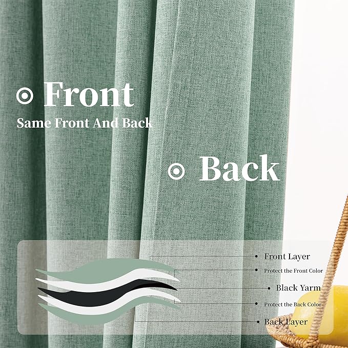 KangBang 100% Blackout Linen Curtains 72x108 Inches Long, Back Tab Pocket Pleated Room Darkening Curtains for Living Room Sliding Patio Door, Soft Thick Linen Textured Drapes, 2Pcs, Cameo Green