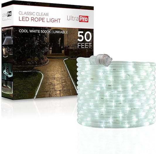 UltraPro LED Rope Lights, 50ft Classic Clear Rope, Cool White Light 5000K, Indoor/Outdoor, Flexible, Linkable, Durable, Rope Lights Outdoor, 54846