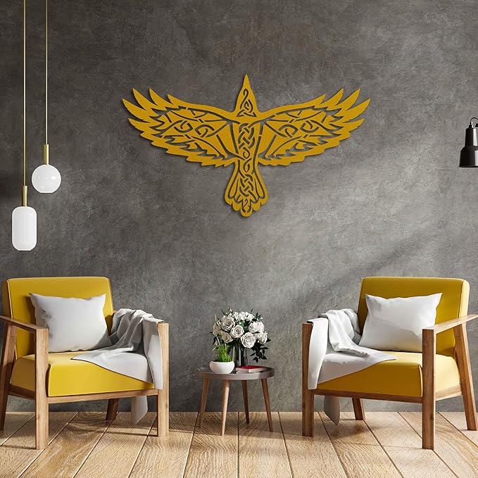 KAWA METALWORKS Nordic Raven Metal Viking Wall Art Decor, Norse Mythology Wall Sculpture (Black, Large - 20.4" x 36" (H x W))