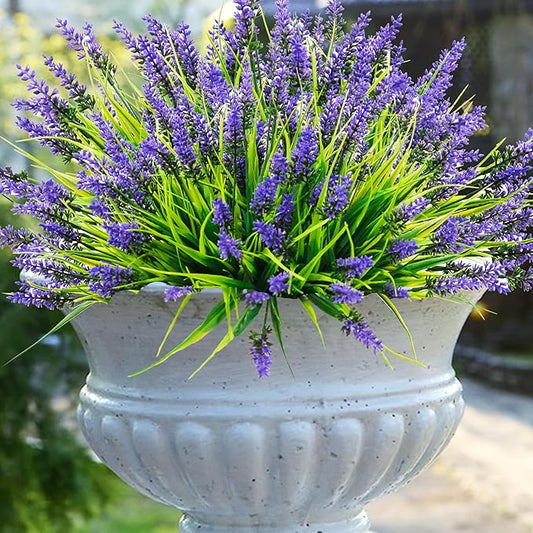 22 Pcs Artificial Outdoor Flowers UV Resistant Lavender Fake Greenery Plants Grass with Purple Flowers for Pot Decor for Window Garden Patio Hanging Planter Pathway Front Porch (22, Purple)