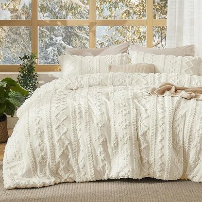 Bedsure Tufted Boho Comforter Set California King Size - Ivory Boho Bed Set, GentleSoft™ 3 Pieces Farmhouse Shabby Chic Embroidery Bedding, Gifts for Woman, Soft Jacquard Comforter for All Seasons