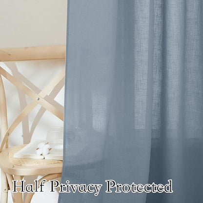 RYB HOME Linen Curtains 95 inch Length for Living Room Bedroom, Light Filtering Half Privacy Rustic Extra Long Elegant Semi Sheer for Kitchen Bathroom, W 100 x L 95 inches, Dusty Blue, 1 Panel