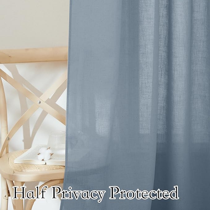 RYB HOME Extra Long Natural Linen Curtains 108 inch Length, Light Filtering Airy Fabric for Bedroom Home Office Cottage, Modern Vertical with Wrinkle Resistance, Dusty Blue, W 100 x L 108, 1 Pc