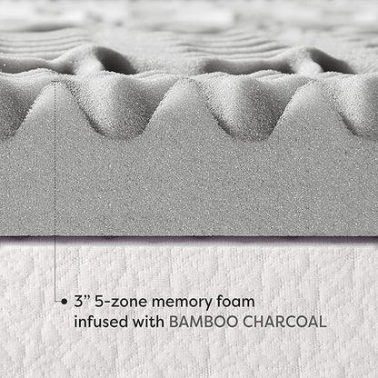 Mellow 3 Inch 5-Zone Memory Foam Mattress Topper with Plant-based Infusion and Moisture Control, CertiPUR-US Certified, King,Grey