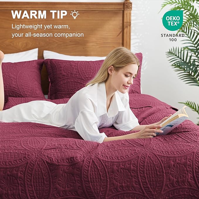 Love's cabin Quilts for Full Bed Burgundy Bedspreads Bedding Set - Lightweight Bedspread Comforter - Coin Pattern Bedding Coverlet for All Season - 3 Pieces (1 Quilt, 2 Pillow Shams)