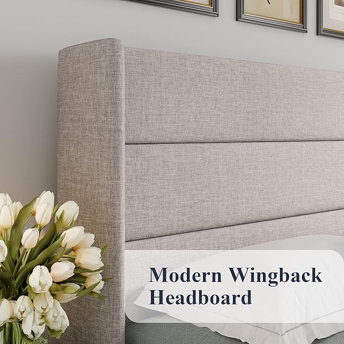 Allewie Queen Size Lift Up Storage Bed, Modern Wingback Headboard, Hydraulic Support, No Box Spring Needed, Light Beige