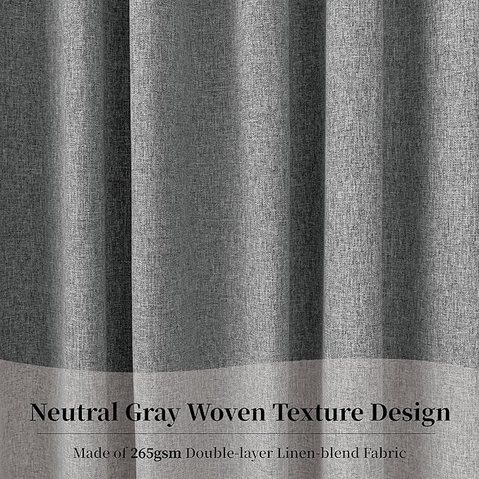 KangBang Grey Blackout Linen Curtains 108 Inches Long, Back Tab Rod Pocket Netural Black Out Curtains, Light Blocking Energy Saving Thick Linen Drapes for Sliding Glass Doors 72Wx108L, 2 Panels