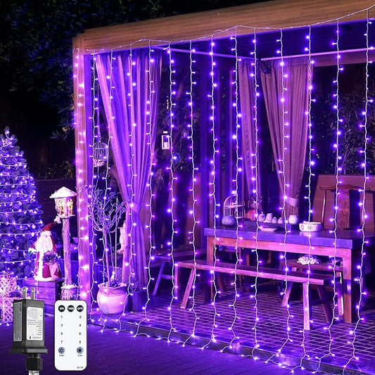 JMEXSUSS 300LED Purple Christmas Lights with Remote, Curtain Hanging Light Plug in, 8 Modes Purple String Lights for Bedroom Window Wall Party Backdrop Halloween Christmas Decorations