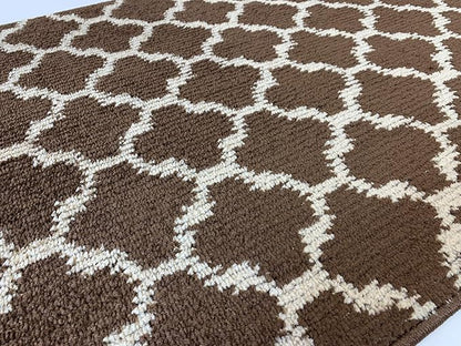 Custom Size Cut to Length Moroccan Trellis Design Runner Rug Mat For Wide Long Hallways with Non-Slip Rubber Backing, Better Traction for Pets, Prevent Slippage, Trellis Brown, 31 inch X 10 feet