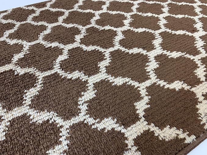 Custom Size Cut to Length Moroccan Trellis Design Runner Rug Mat For Wide Long Hallways with Non-Slip Rubber Backing, Better Traction for Pets, Prevent Slippage, Trellis Brown, 31 inch X 12 feet