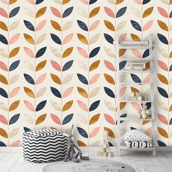 Removable Peel 'n Stick Wallpaper, Self-Adhesive Wall Mural, Rose Gold Blue Floral Pattern, Nursery Baby’s Room Decor • Scandinavian Design (24"W x 132"H Inches)