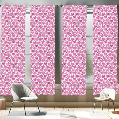 Ambesonne Valentines Window Curtains Pack of 2, Romantic Heart Shapes with Many Different Designs Polka Dots Crossed Lines, Lightweight Set with Rod Pocket, 4 Panels of - 28" x 63", Pink White