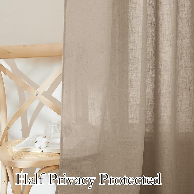 RYB HOME Natural Linen Curtains 102 inches Long, Light Filtering Privacy Protection 2 Panels Set Semi Sheer Home Decor for Sliding Glass Door Bedroom Doorway, W 52 x L 102 inches, Khaki