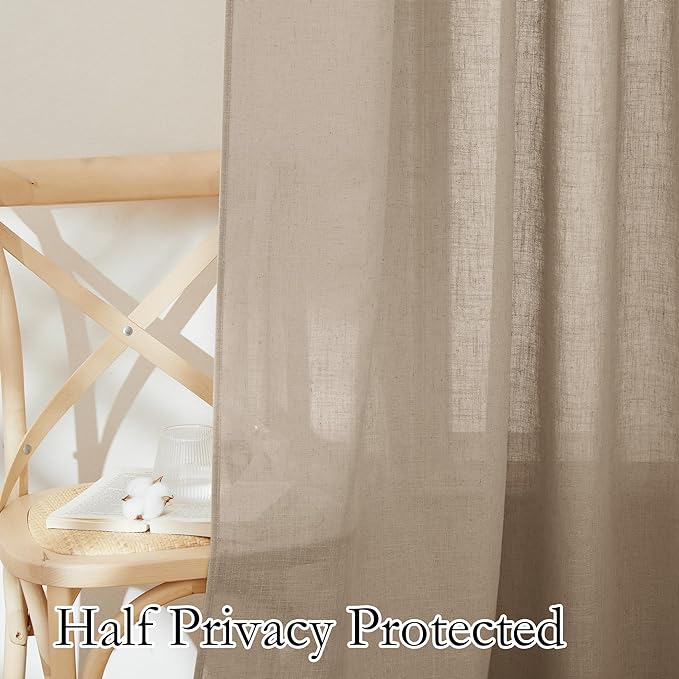 RYB HOME Natural Linen Curtains - Light Filtering Breathable Lightweight Semi Sheer 108 inches Long Vertical for Living Room Bedroom Nursery Playroom, W 60 inch x L 108 inch, Khaki, 1 Pc