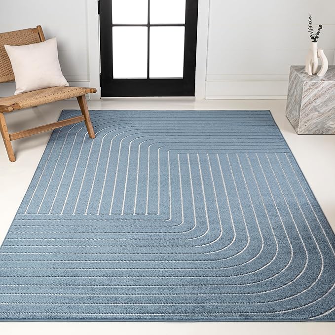 Eyely NCS101D-8 Odense High-Low Minimalist Angle Geometric Dark Blue/Cream 8 ft. x 10 ft. Indoor/Outdoor Area Rug, for Home, Backyard, Patio, Porch, Bedroom, Kitchen, Living Room
