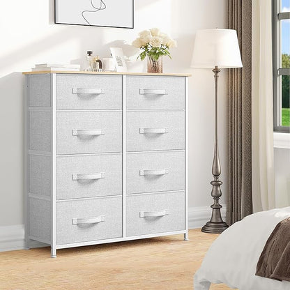 DWVO Fabric Dresser for Bedroom, Tall Dresser with 8 Drawers, Storage Tower with Fabric Bins, Chest of Drawers for Closet & Living Room - Sturdy Steel Frame, Wooden Top
