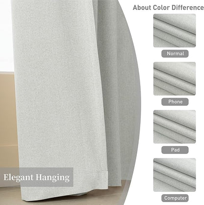 KangBang 100% Blackout Linen Curtains 63 Inches Long 2 Panels, Thermal Insulated Back Tab Loop Pocket Pleated Neutral Small Window Drapes for Bedroom, Greyish White,52x63