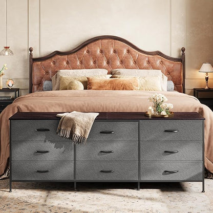 Huuger 63 Inch Dresser for Bedroom, Dresser for Closet with 9 Drawers, Large TV Stand for 55, 65, 70 Inch TV, Entertainment Center with Storage, Wide Long Chest of Drawers, Walnut and Dark Grey