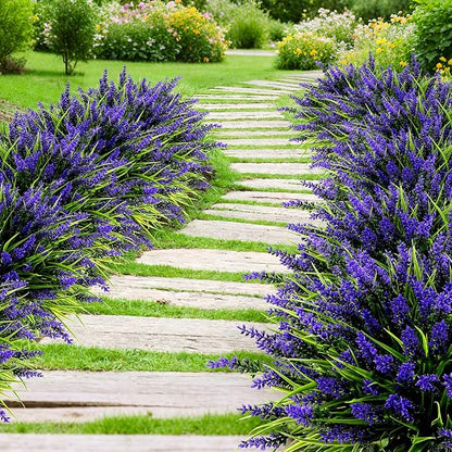 Geegoods 24 Bundles Artificial Plants Flowers Outdoor – Faux Lavender Flowers with Monkey Grass UV Resistant Plastic Faux Plants for Garden Porch Window Patio Hanging Planter Home Decor