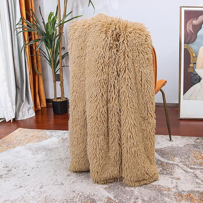 Tuddrom Decorative Extra Soft Faux Fur Throw Blanket 50" x 60",Solid Reversible Fuzzy Long Hair Shaggy Blanket,Fluffy Cozy Plush Fleece Comfy Microfiber Fur Blanket for Couch Sofa Bed,Camel