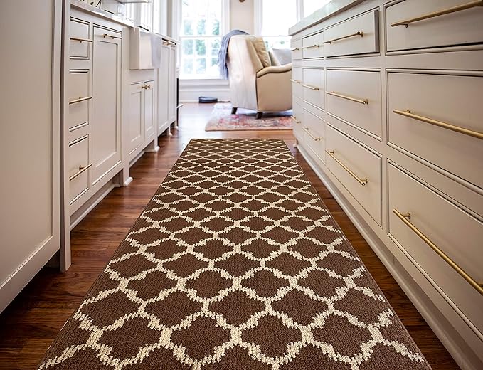 Custom Size Cut to Length Moroccan Trellis Design Runner Rug Mat For Wide Long Hallways with Non-Slip Rubber Backing, Better Traction for Pets, Prevent Slippage, Trellis Brown, 31 inch X 30 feet