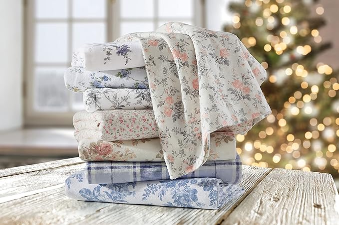 Laura Ashley - Flannel Sheets Twin Size, Anti-Pilling & Wrinkle Resistant Cotton, Touchably Soft for All-Season Comfort - Bed Sheets with Matching Pillowcase & Fitted Sheet (Rosalie Grey)