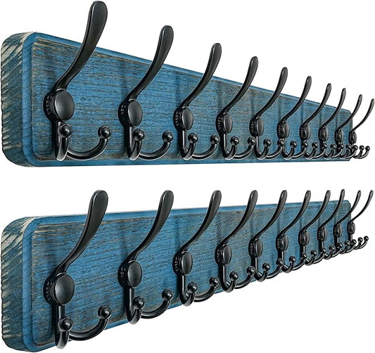 Dseap Coat Rack Wall - Heavy-duty 38-1/4" Long, with Reinforced 10 Custom Tri-Hooks, Solid Wood Wall Hanger for Coats Hat Jackets - Rustic Farmhouse Entryway Storage, Weathered Blue & Black, Pack of 2
