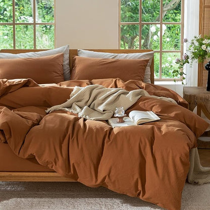 MooMee Bedding Duvet Cover Set 100% Washed Cotton Linen Like Textured Breathable Durable Soft Comfy (Solid Dark Orange, Super Queen 90"x98")