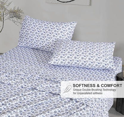 RUVANTI Flannel Sheets Queen Size - 100% Cotton Double Brushed Bed Sheets, Deep Pockets 16 Inches Queen Sheet Set, All Seasons Breathable & Extra Soft - Warm & Cozy, 4 Piece, Snow Flake Grey