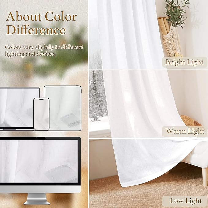 RYB HOME Sheer Linen Textured Curtains Semi Sheers Drapes Light Airy Breathable Fabric Window Decor for Patio Door Living Room Dining, White, 70 inch Width x 95 inch Length, 2 Panels