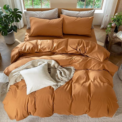 MooMee Bedding Duvet Cover Set 100% Washed Cotton Linen Like Textured Breathable Durable Soft Comfy (Solid Burnt Orange, King 104"x90")