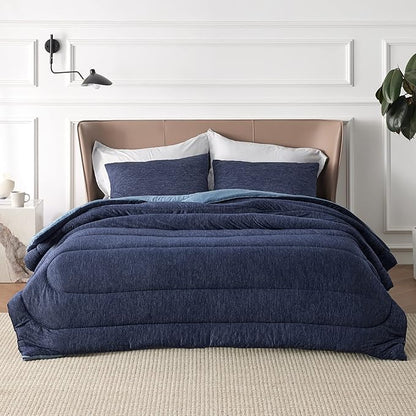 Bedsure Full Comforter Set - Cooling and Warm Bed Set, Navy Blue Reversible Bedding for All Season, 3 Pieces, 1 Full Size Comforter (82"x88") and 2 Pillow Cases (20"x26")