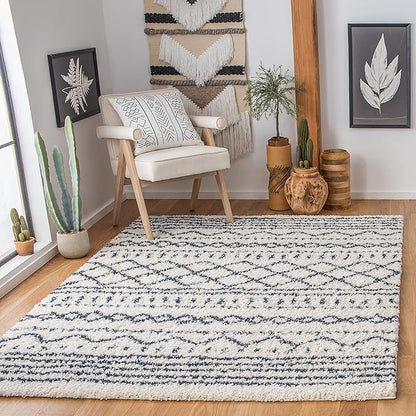 SAFAVIEH Arizona Shag Collection Accent Rug - 3'2" x 5', Ivory & Slate, Moroccan Design, Non-Shedding & Easy Care, 1.6-inch Thick Ideal for High Traffic Areas in Foyer, Living Room, Bedroom (ASG741M)